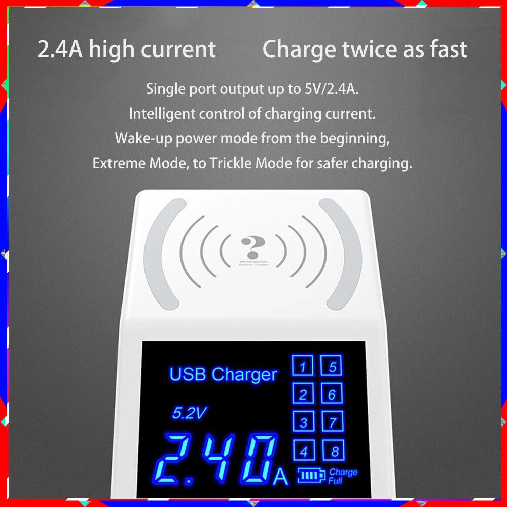 8-Port USB Hub with Wireless Charging Pad & Non-Slip Base 5V8A 8-Port USB Hub with Wireless Charging Pad & Non-Slip Base 5V8A