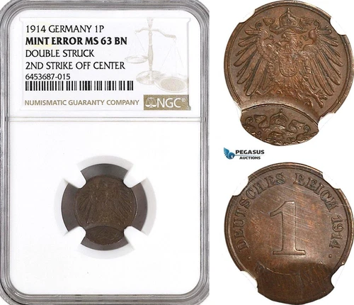 AH312, Germany, Wilhelm II, 1 Pfennig 1914, Mint Error, NGC MS63BN