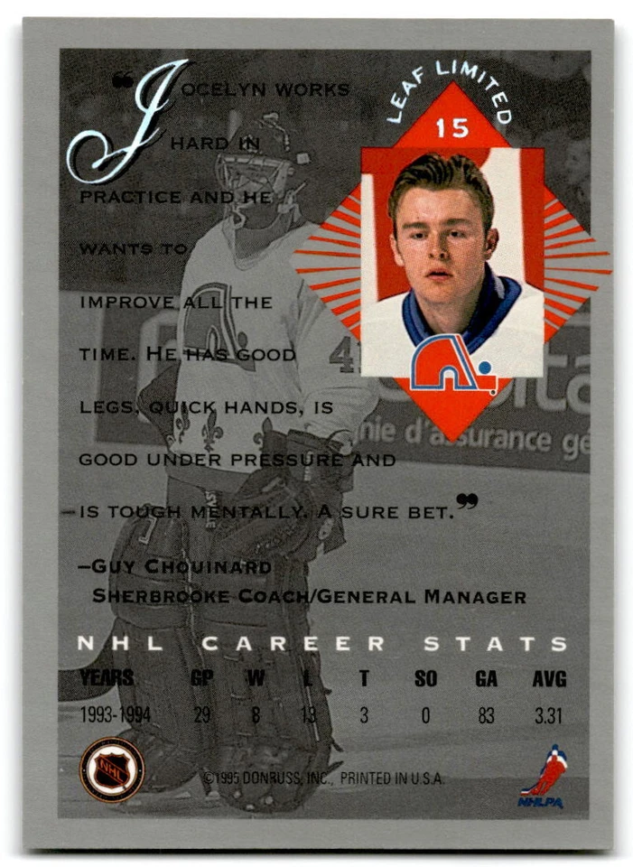 1994-95 Jocelyn Thibault Leaf Limited - Quebec Nordiques - Image 2 of 2