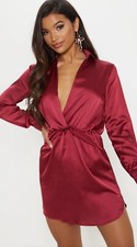 PLT BURGUNDY TWIST FRONT SILKY SHIRT DRESS