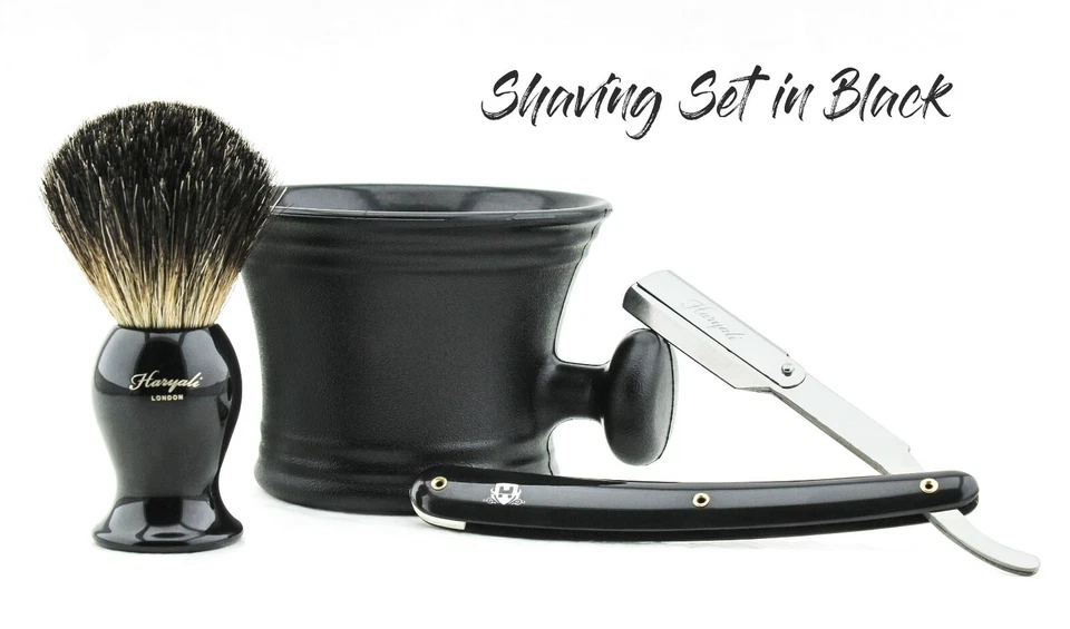 HARYALI LONDON Badger hair shaving brush straight cut throat shaving razor plastic shaving Mug