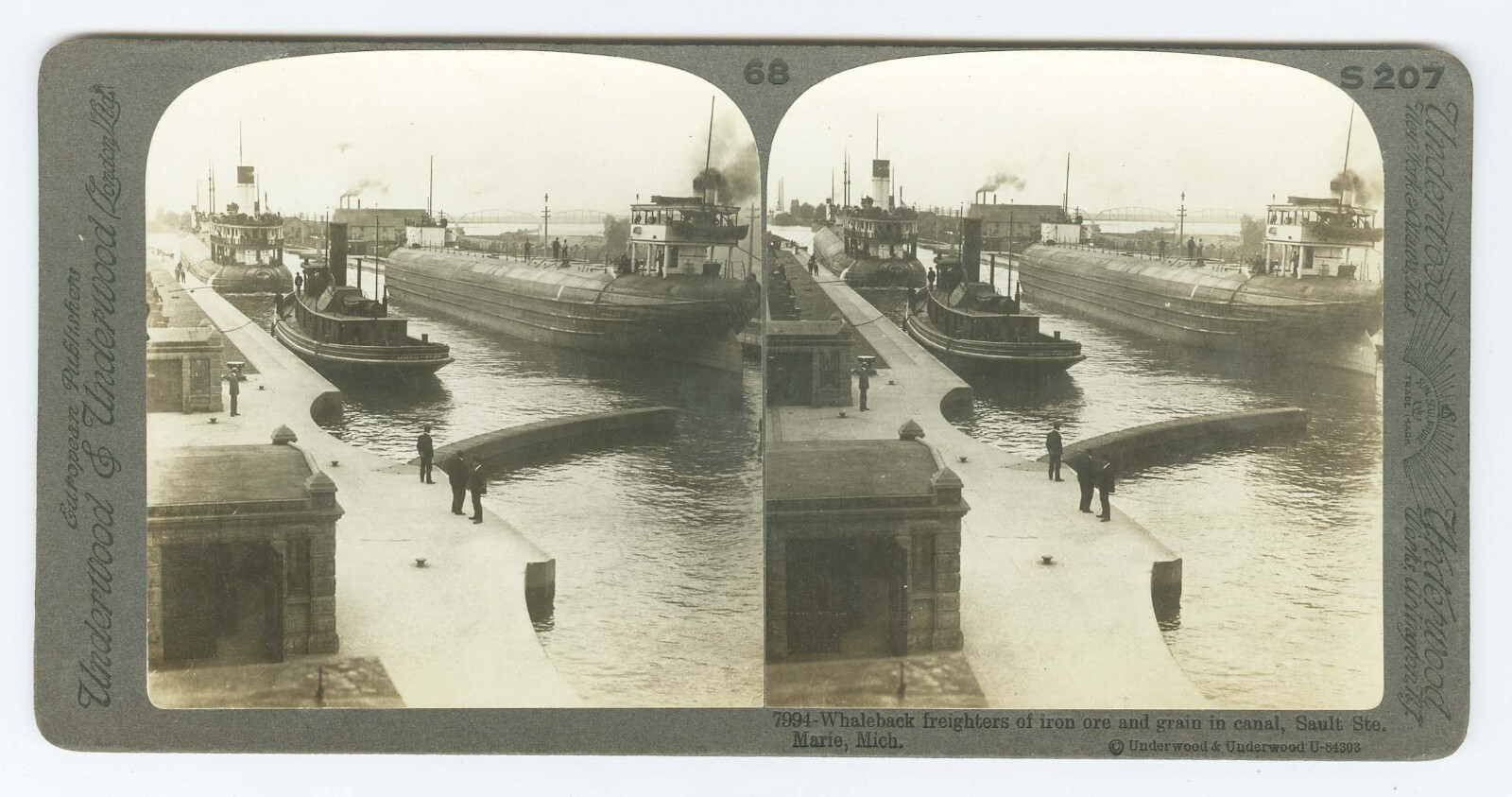 D1122~ MICHIGAN – Whaleback Freighters Sault Ste Marie Canal Stereoview