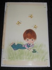 HAPPY BIRTHDAY Cute Boy w/ Butterflies Frog 5x8" Greeting Card Art 1553