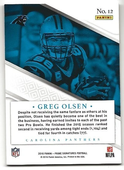 Greg Olsen 2016 Panini Prime Proof Green /10 Carolina Panthers - Image 2 of 2