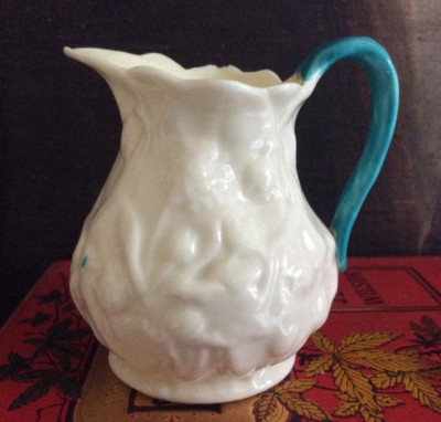 IRISH BELLEEK 2ND BLACK MARK LOTUS CREAM JUG RARE BLUE HANDLE 1891-1926