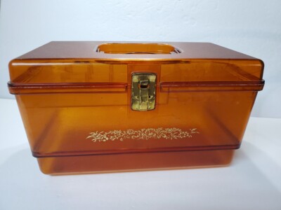 Vintage WILSON WIL-HOLD SEWING BOX Amber Hard Plastic One Tray Gold Floral