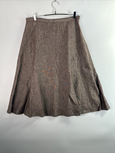 Women Skirt Size 16 John Lewis Brown Midi Linen A-Line Regular Lined Button