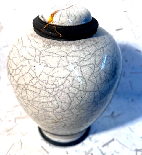 Kintsugi Raku,Lrg White/Black Crackle Vase/Urn, C. Dockins, Kintsugi Lid, Exc