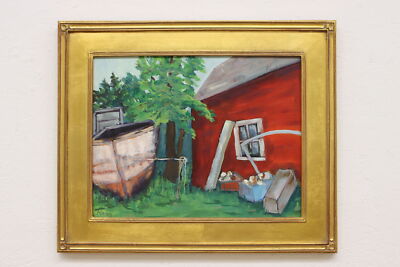 Backyard Boat Vintage Original Oil Painting, Maeder 23.5'' #54669