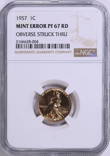 1957 Lincoln Cent Obverse Struck Through - NGC PF67 RD - Rare Mint Error Proof!