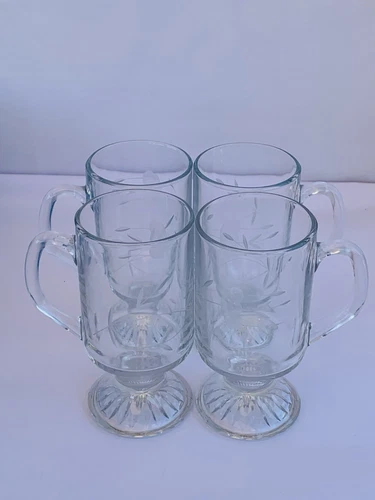 Set Of 4 PRINCESS HOUSE “Heritage Pedestal" Irish Coffee Mugs Clear Glass Footed