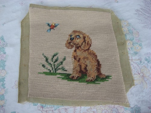 Vintage 1970's 9" x 9" Handmade Needlepoint Pillow or Brick Blank Spaniel Dog