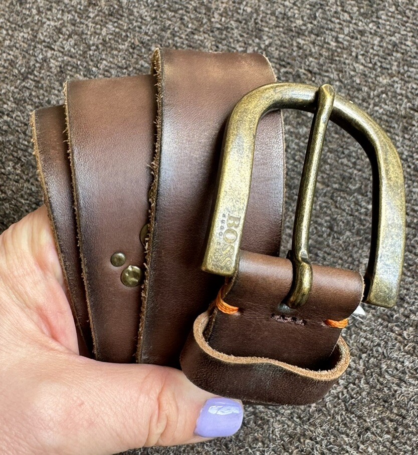 Hugo Boss Logo Ronson Cow Skin Leather Belt Studs Brown Handmade