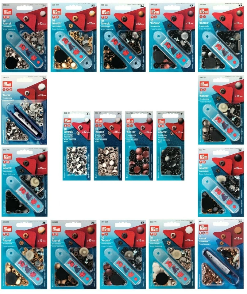 Prym Anorak Press Fasteners - Non-Sew - 12 mm and 15 mm - Choice of Colours