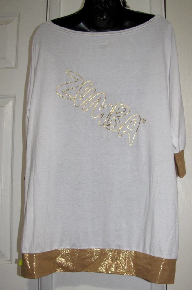 Top túnica de baile Zumba jersey blanco dorado-metálico-ajustes media manga cuello ancho Foto 3 de 4