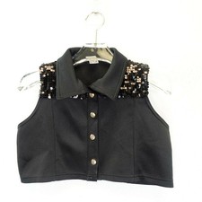 Crop Vest Top Gils LARGE Child Black Sequin Yoke Slim Stretch Dancewear WEISSMAN