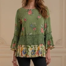John Mark Green Floral Flared Sleeve Pop Top Large 