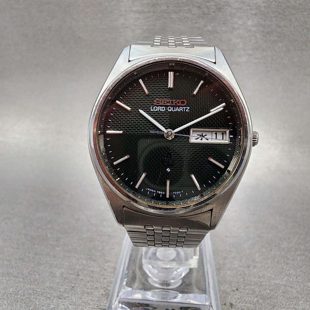 Seiko Lord Quartz Watch Men 34mm Green Dial Silver Tone Daydate