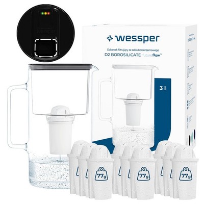 Wasserfilter Kanne Glas 3L Wessper D2 BOROSILICATE FutureFlow 10 Kartuschen