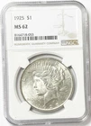 1925 $1 Peace Silver One Dollar US NGC MS62 Philadelphia