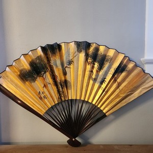 VTG Oversized 51x30 Japanese Wall Fan Hand Painted Gold Leaf Crane Pine Wall Art