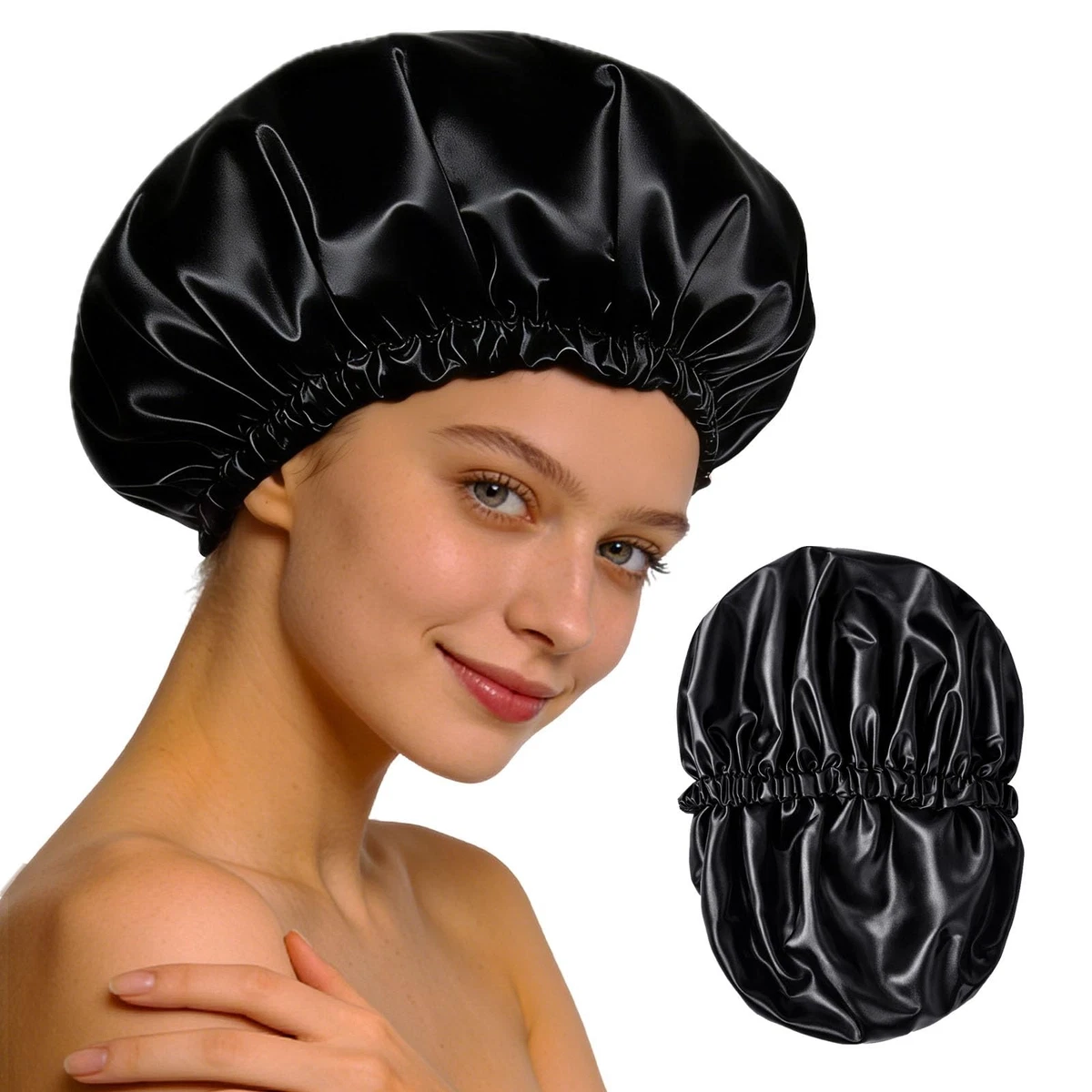 Wiederverwendbare doppellagige Satin gefütterte Duschhaube, wasserdicht extra groß, schwarz