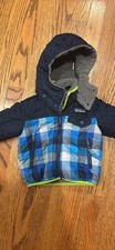 Patagonia Baby Size 3-6M Plaid Sherpa Lined Hooded Puffer Jacket Blue Navy Warm