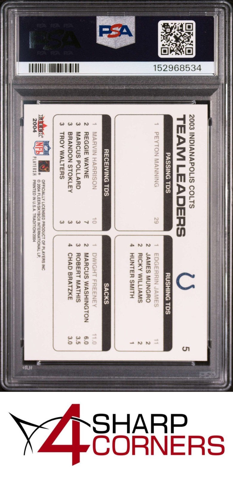 2004 FLEER TRADITION #5 PEYTON MANNING-EDGERRIN JAMES-MARVIN HARRISON PSA 10 view 2