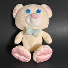 vintage 1994 Fisher Price Cozies Bear 10" Cream Waffle Knit Pink Satin Feet