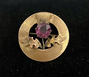 SIGNED MIZPAH - VINTAGE GOLDTONE SCOTTISH THISTLE BROOCH