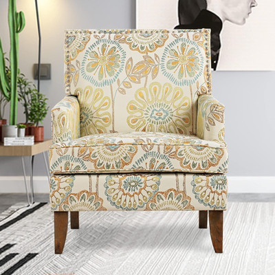 Floral Wingback Accent Chair - Comfy Upholstered Club Chair in Beige Yellow