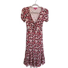 Betsey Johnson Strawberry Print Midi Dress Pink Smocked Puff Sleeve Size XS