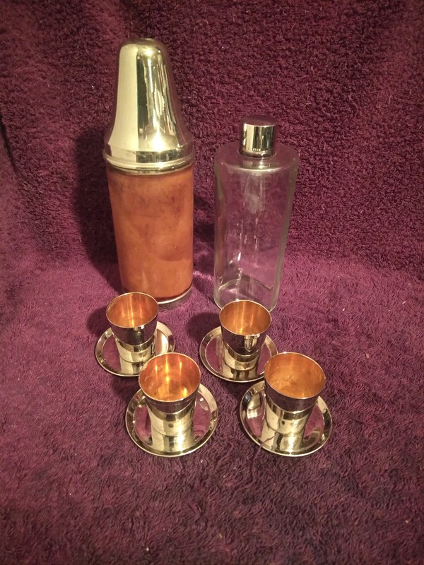 VTG 1940s  German US Zone Travel Bar Set Chrome Leather Flask Cups complete