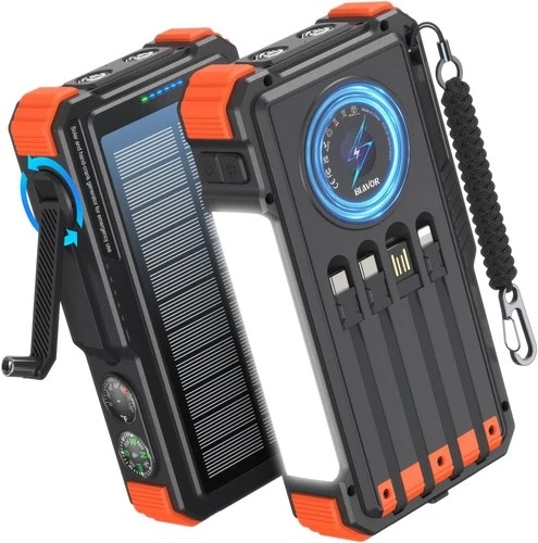 BLAVOR Solar Power Bank with Hand Crank and Built-in 4 Cables 20000mAh - product listing photo