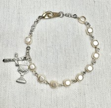 Vintage First Holy Communion Rosary Bracelet Faux Pearl Chalice IHS Crucifix