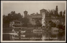 cartolina TORINO idrovolante sul po davanti al castello medievale