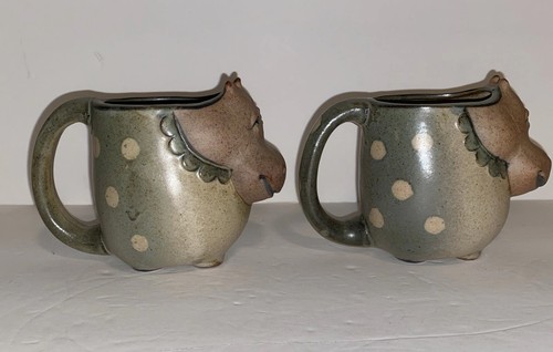 2 Vintage UCTCI Japan Hippo COFFEE MUGS Stoneware Polka Dot Kitchen Decor - Picture 3 of 12