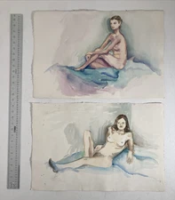 Vintage Original Watercolor Painting Group Of Nude Women Study Sketches Unsigned