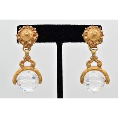 DKNY Vintage Crystal Ball Clip Earrings Antiqued Brushed Gold Signed 1980s BinW