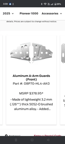 HONDA 2016-2025 PIONEER 1000 FRONT ALUMINUM A-ARM GUARD KIT - 08P70-HL4-AK0
