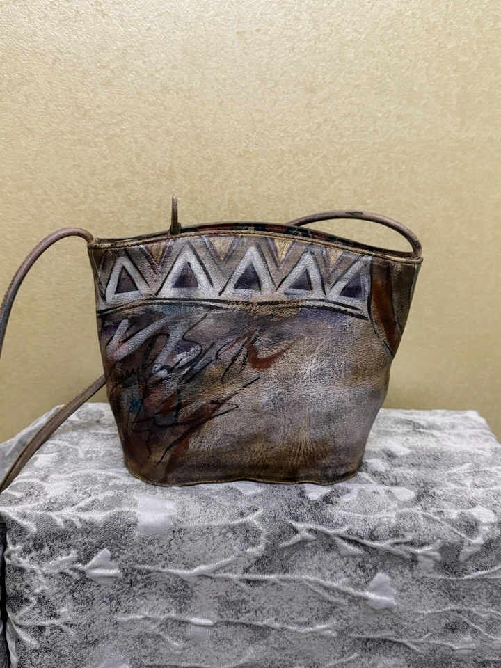 Bolso cruzado de hombro vintage firmado Jane Yoo portátil arte pintado a mano cuero hobo Foto 2 de 4