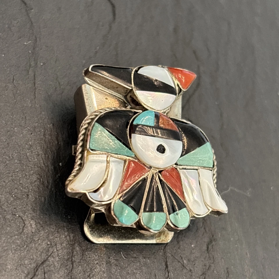 Bolo Slide Turquesa Vintage N7 Southwestern Bird Sunface Prata Esterlina - Imagem 2 de 4