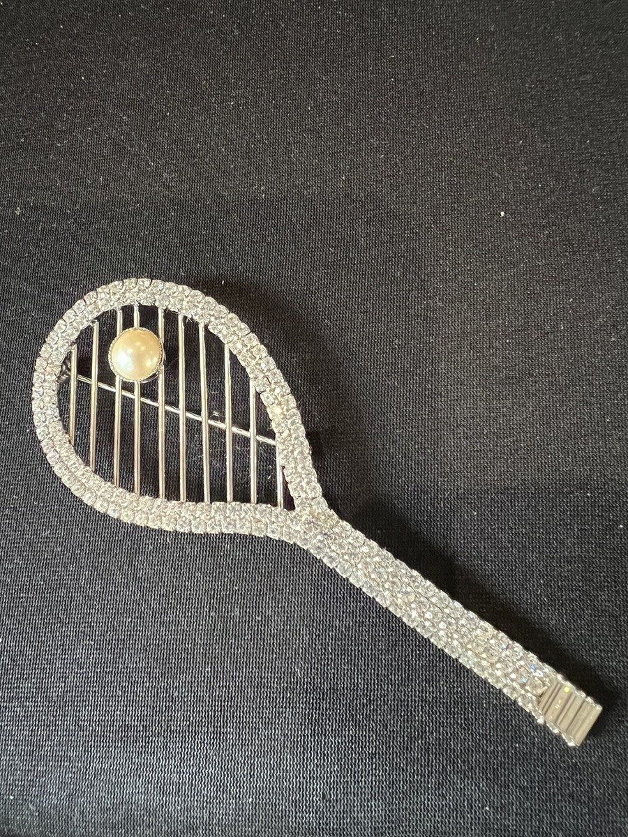 Vintage Butler & Wilson Tennis Racquet Pin Brooch Rhinestones Faux Pearl Large Vintage Butler & Wilson Tennis Racquet Pin Brooch Rhinestones Faux Pearl Large