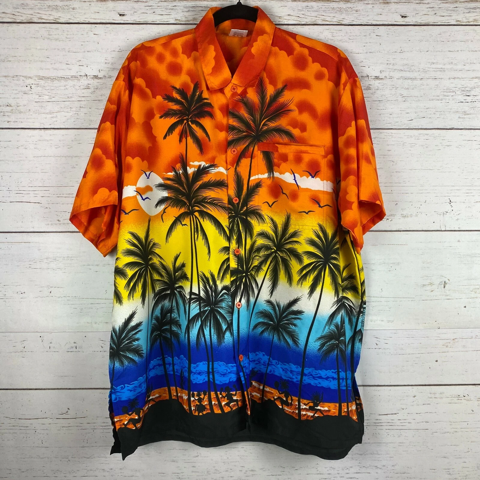Happy Bay XL Hawaiian Shirt Sunset Orange Blue Red Surf Palms Luau Beach