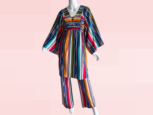 Vintage 70er Jahre mexikanischer Serape Regenbogen Hippie Festival Schlaghose Hosenanzug xs - Bild 1 von 7