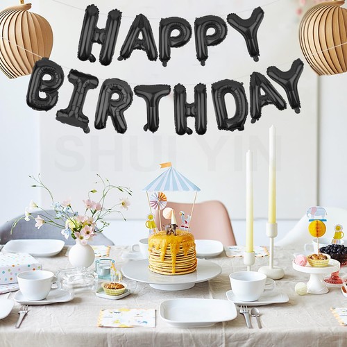 Happy Birthday Balloons Banner Black 16 Inch Mylar Foil Letters | Inflatable ... - Picture 3 of 6