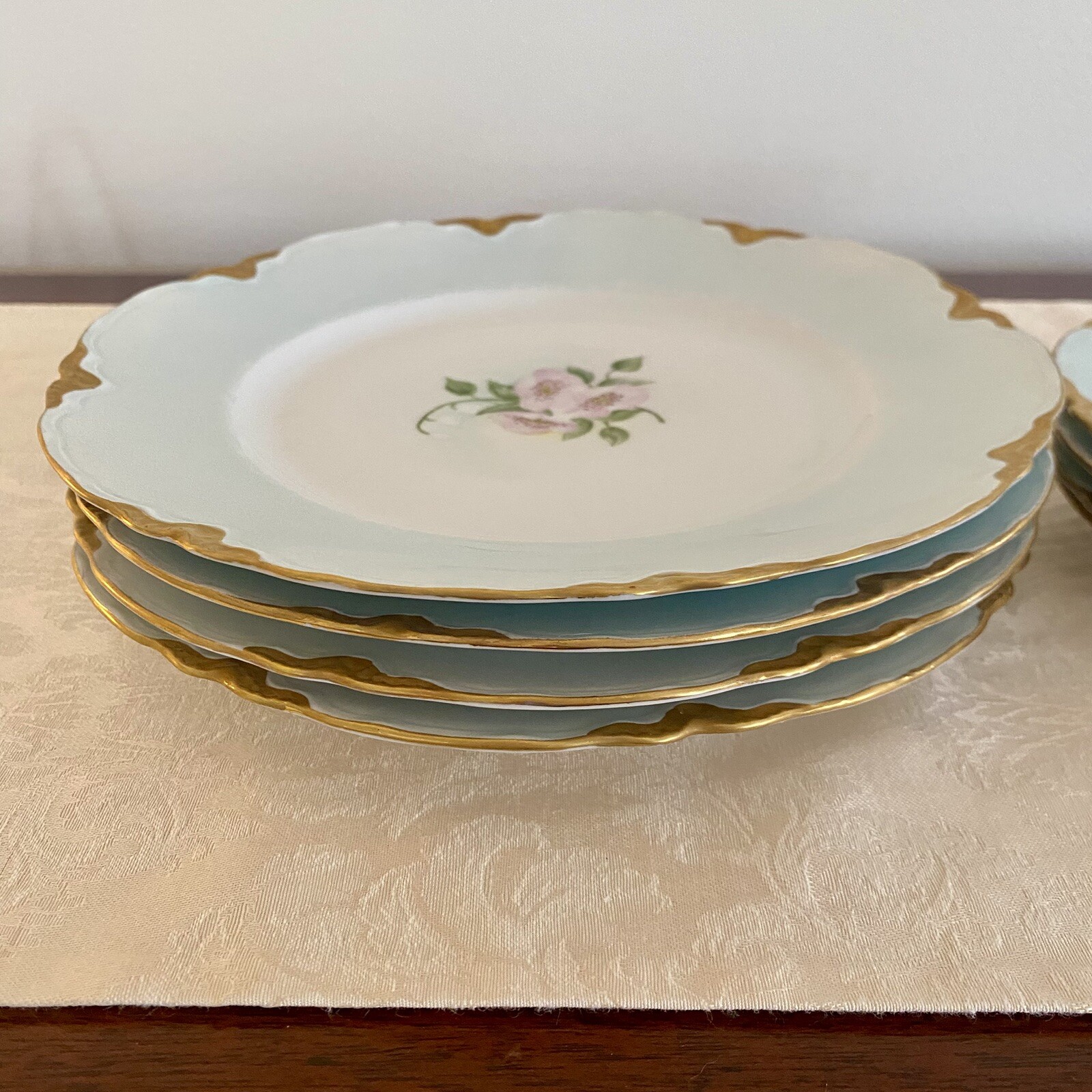 Hutschenreuther HandPainted Roses Gold Gilt 4 Dinner & 4 Salad Plate VTG SET 8pc