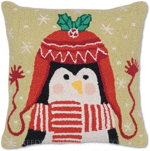 Handmade Hooked Winter Holiday Penguin Christmas Pillow 16 X 16