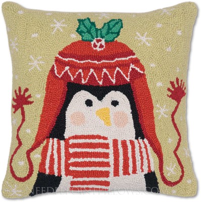 Handmade Hooked Winter Holiday Penguin Christmas Pillow 16 X 16