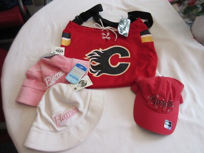 HTF WOMENS CALGARY FLAMES JERSEY PURSE /TOTE + RBK HAT + ''2''  RBK BUCKET HATS !!